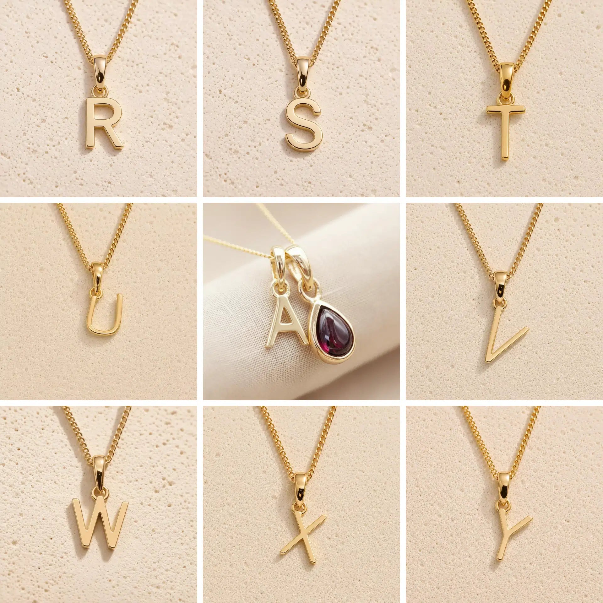 Collage of gold fine chain necklaces with various letters R to Y on a beige background as gold initial options for the January birthstone garnet necklace