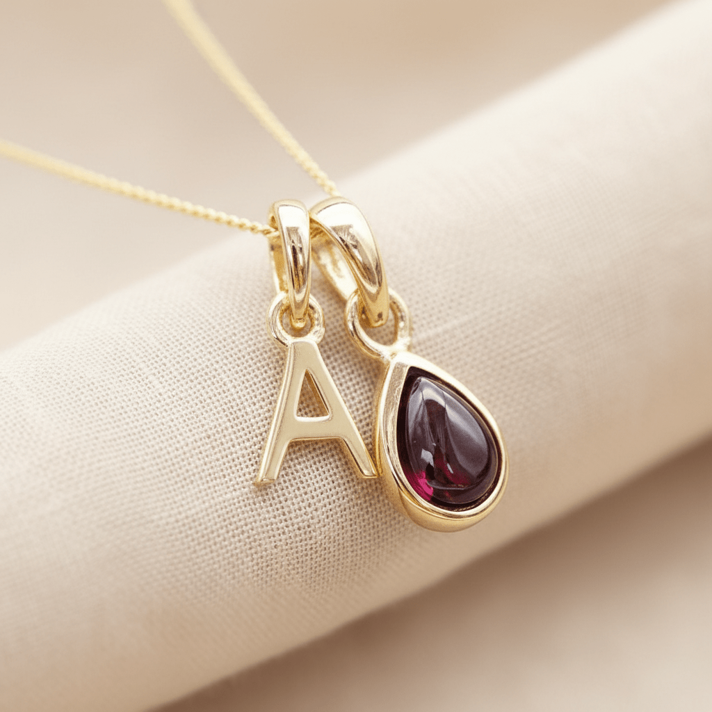Gold necklace with a teardrop-shaped gemstone and letter 'A' pendant on a beige fabric background