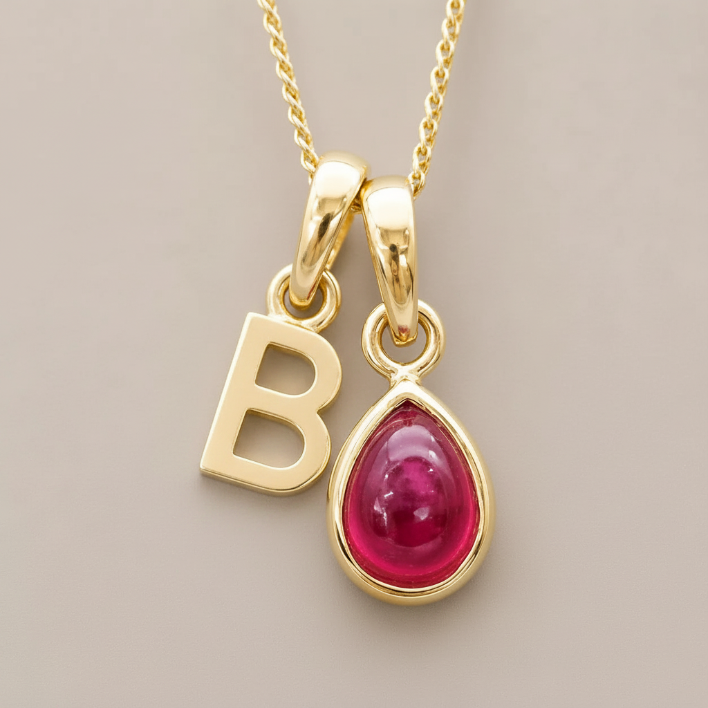 Gold Initial and July Birthstone Ruby Necklace