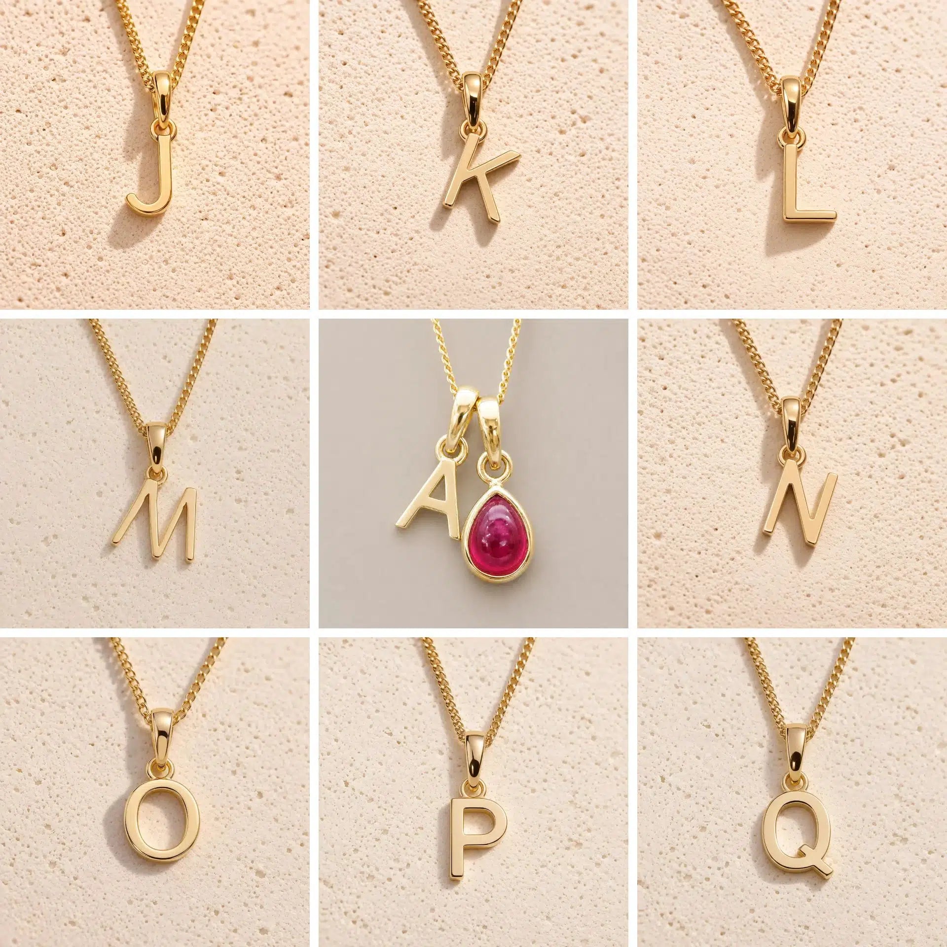 collage grid collection of gold fine chain necklaces with uppercase initial pendants J, K, L, M, A, N, O, P, Q on a light background, as personalised options on a July Birthstone Ruby Necklace.