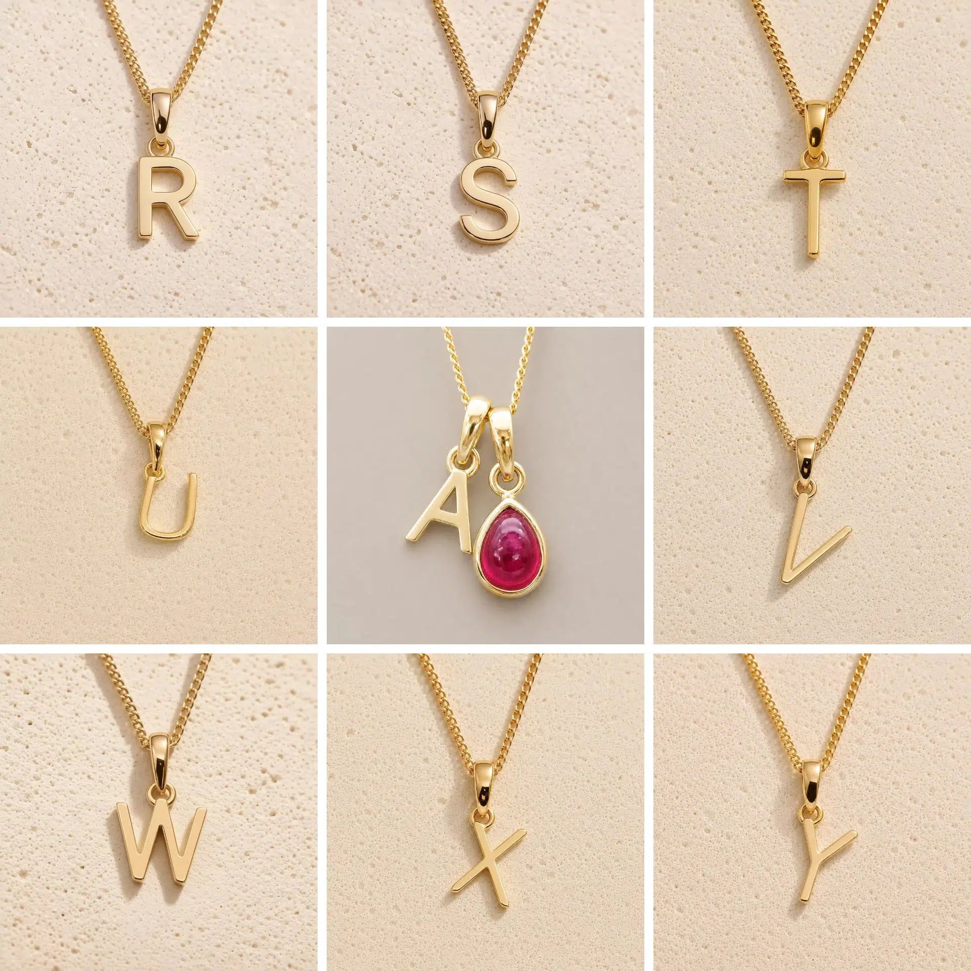 grid collection of gold fine chain necklaces with uppercase initial pendants R, S, T, U, A, V, W, X, Y on a light background, as personalised options on a July Birthstone Ruby Necklace.