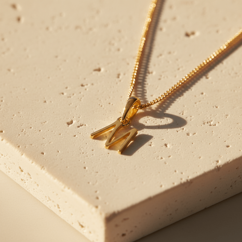 Gold necklace with a 'M' pendant on a beige surface