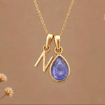 Gold Initial N and December Birthstone natural Tanzanite Necklace on a warm background