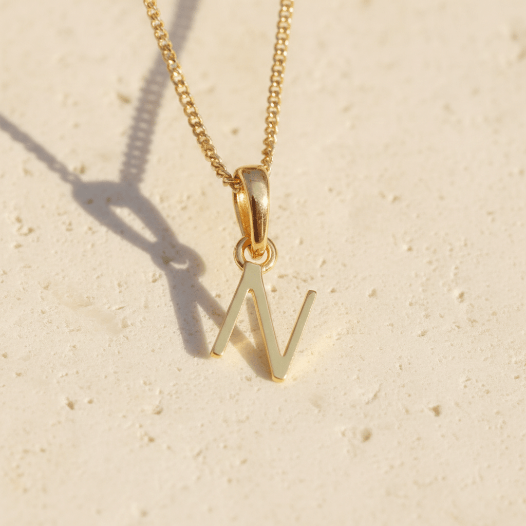 Gold necklace with a letter 'N' pendant on a beige background