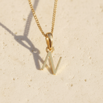 Gold necklace with a letter 'N' pendant on a beige background