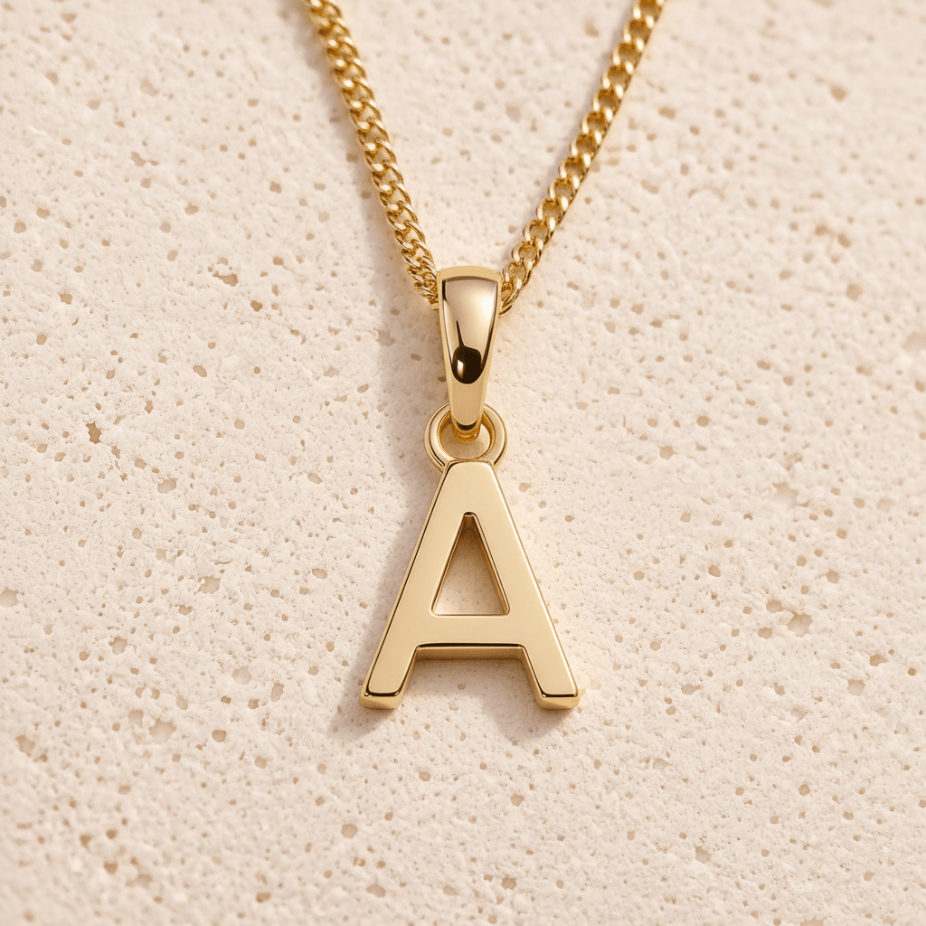 Personalised Gold initial necklace with a minimalist pendant shaped like the letter 'A' on a beige textured background