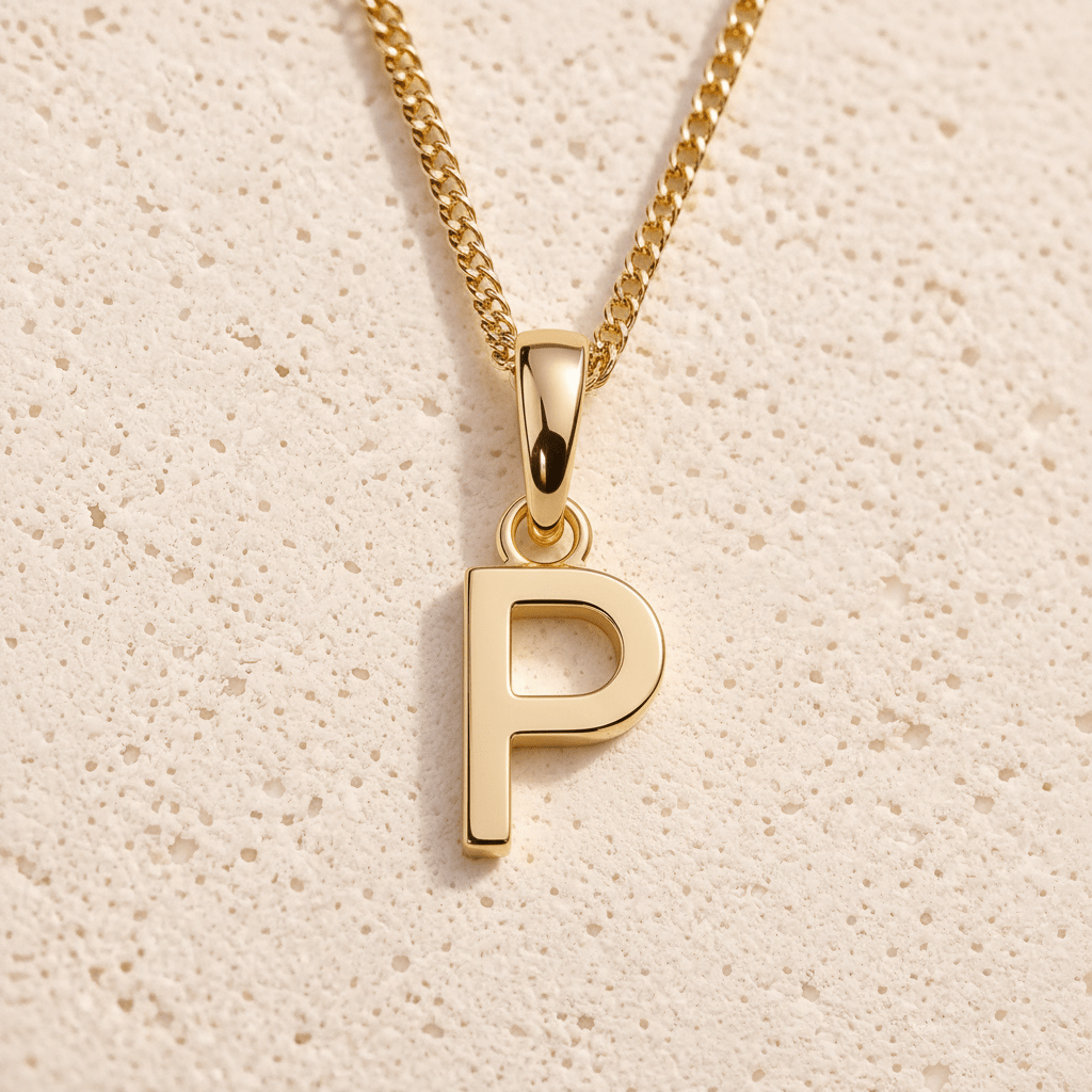 Personalised Gold initial necklace with a minimalist 'P' pendant on a beige textured background