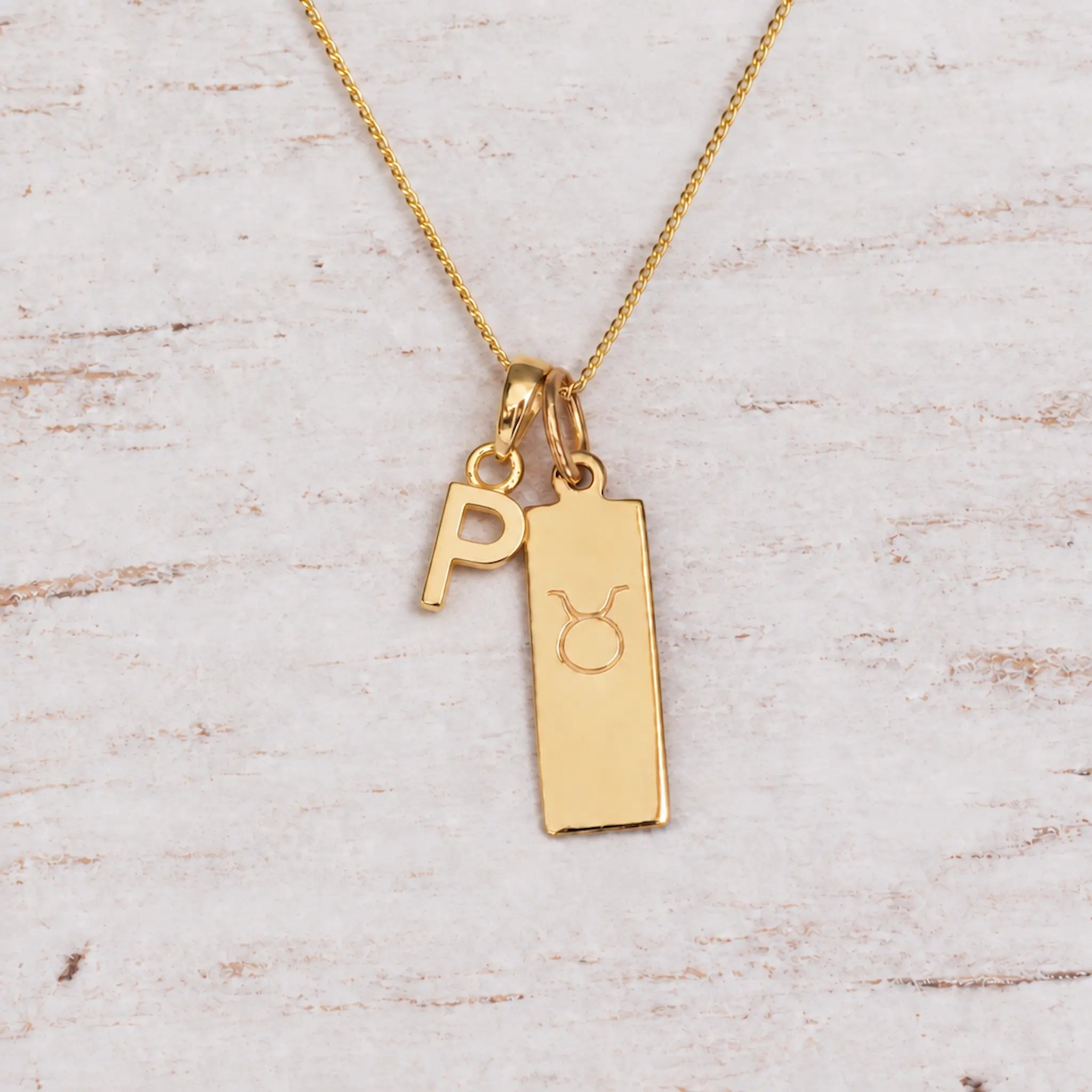 Gold Initial and Taurus Zodiac Necklace with letter P pendant