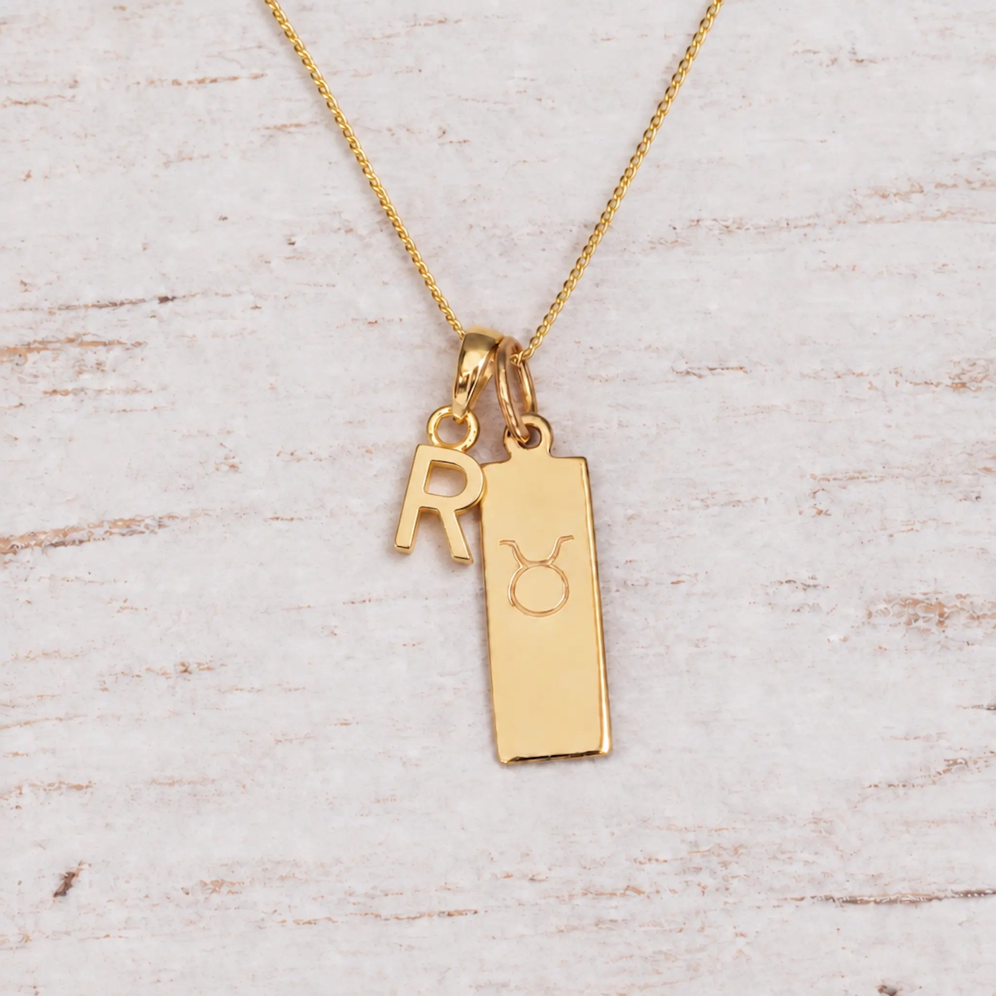 Gold Initial and Taurus Zodiac Necklace with letter R pendant