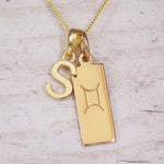 Gold initial S and Gemini zodiac bar necklace, close-up of the letter charm and engraved pendant on whitewashed wood