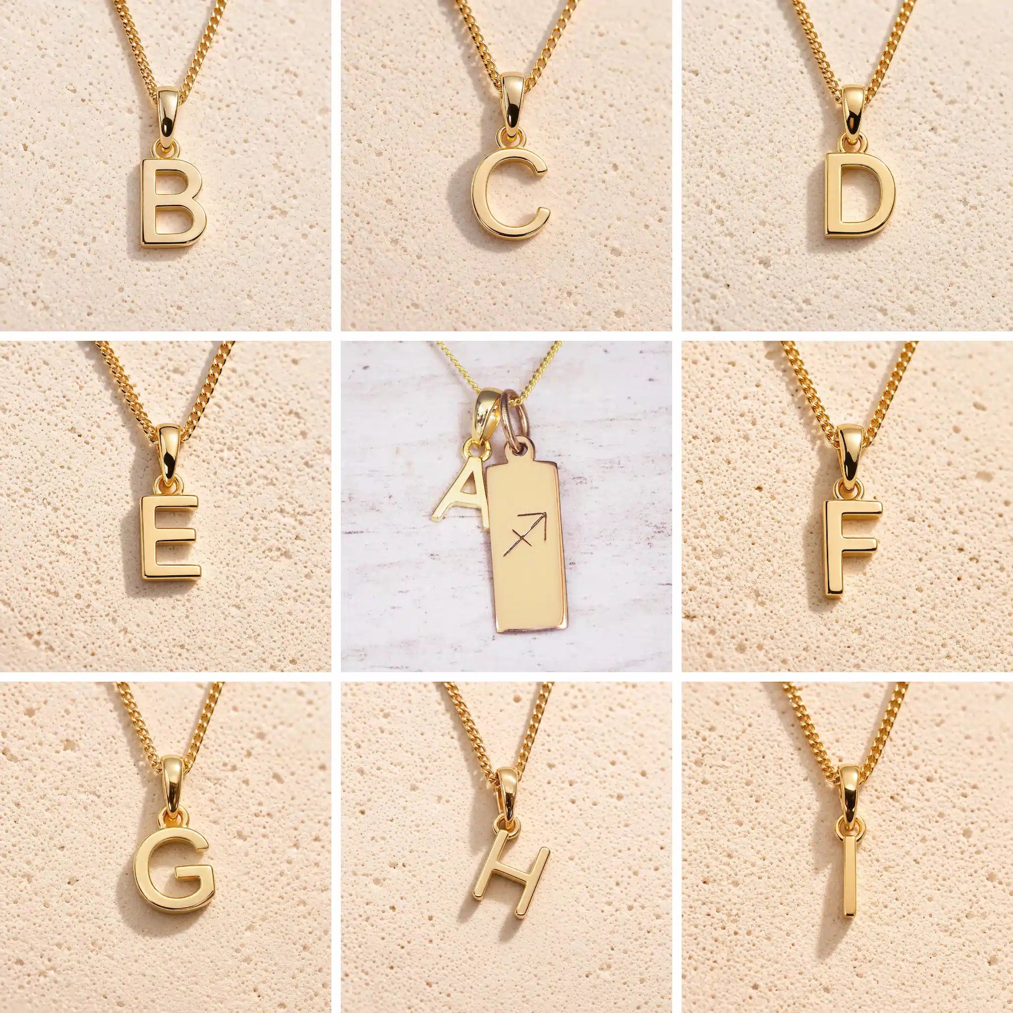 Gold necklaces with letters B to H on a beige background as letter charm options for Gold Sagittarius Zodiac Star Sign Necklace with Gold A Initial Sagittarius Zodiac Necklace in the middle