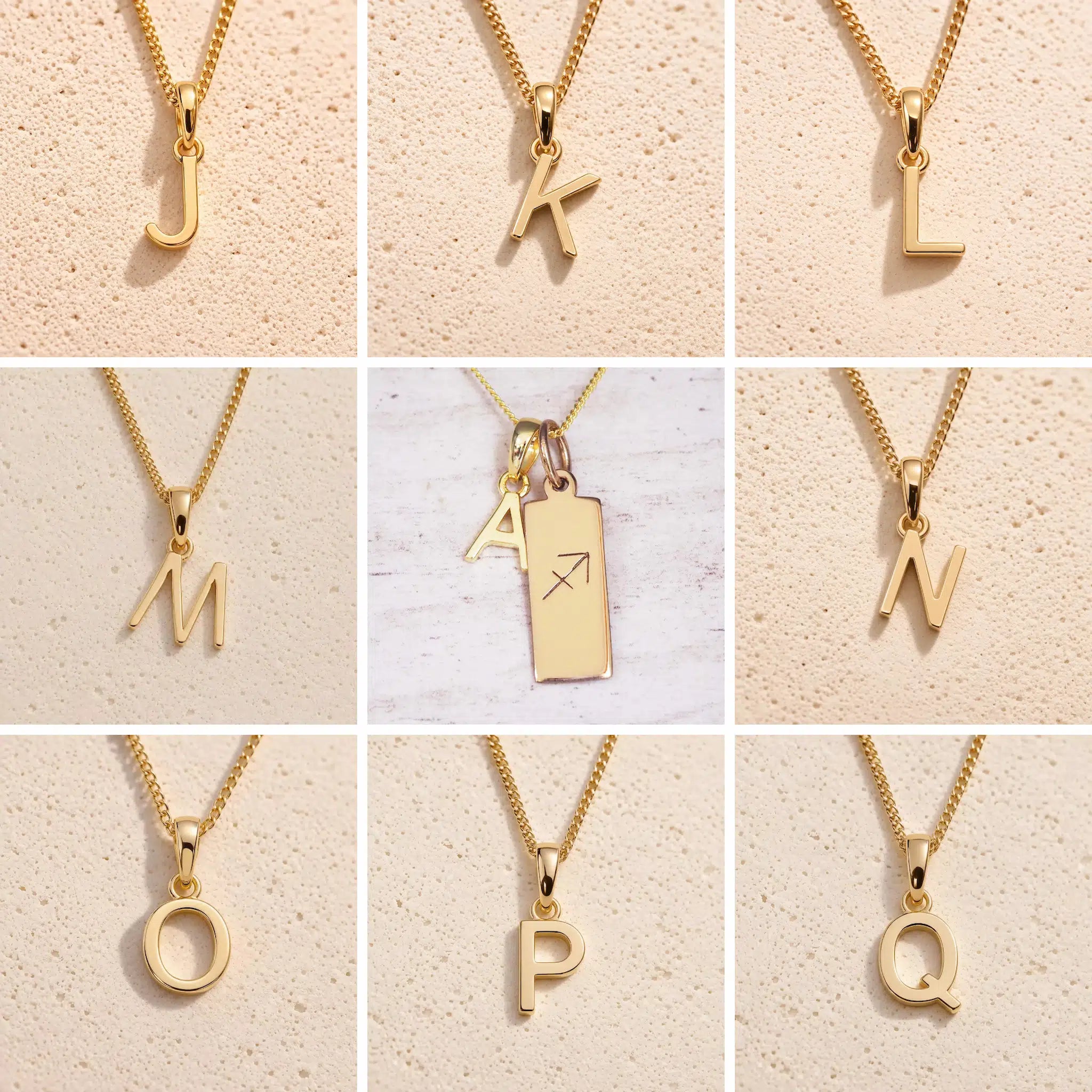 Gold necklaces with letters J to Q on a beige background as letter charm options for Gold Sagittarius Zodiac Star Sign Necklace with Gold A Initial Sagittarius Zodiac Necklace in the middle