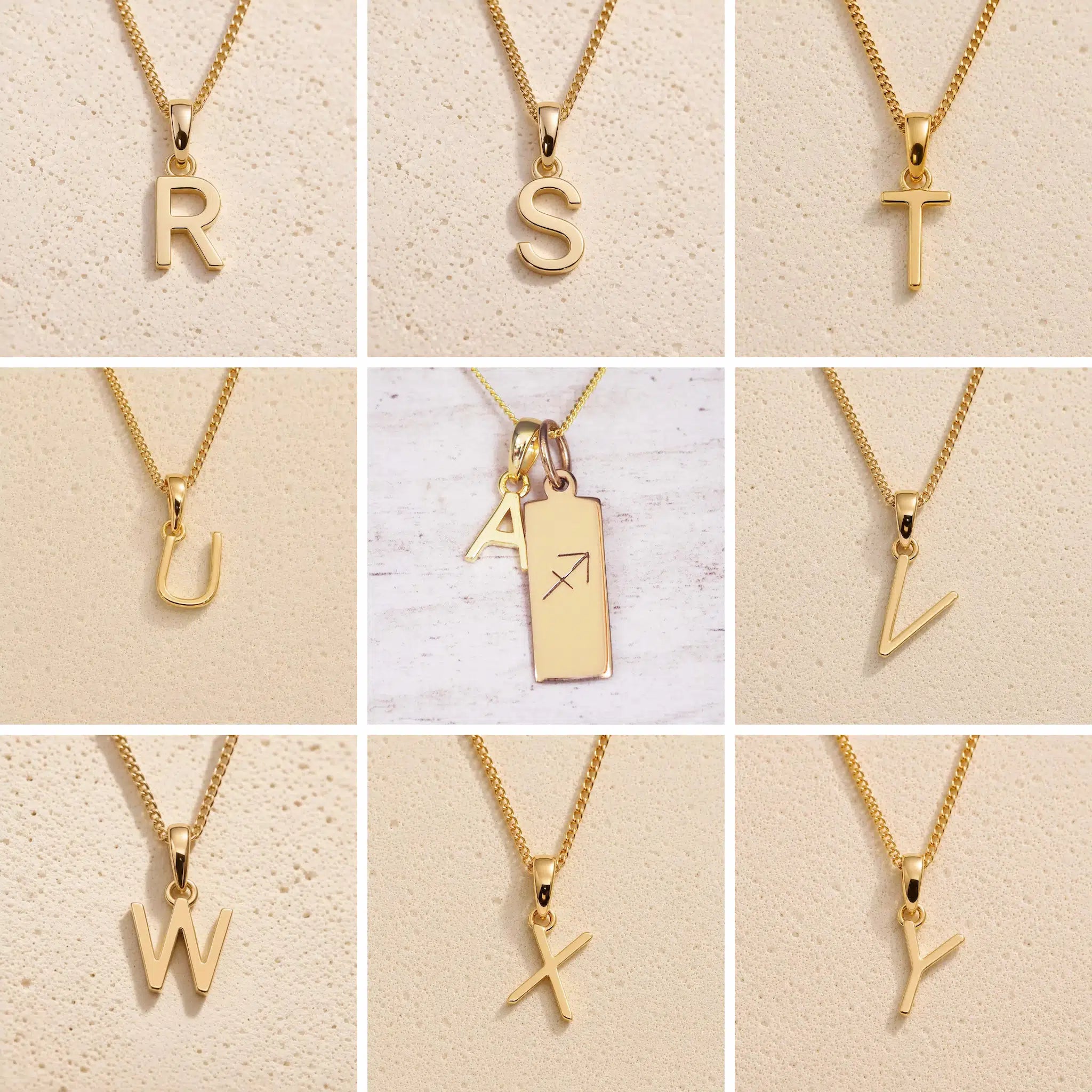 Gold necklaces with letters R to Y on a beige background as letter charm options for Gold Sagittarius Zodiac Star Sign Necklace with Gold A Initial Sagittarius Zodiac Necklace in the middle