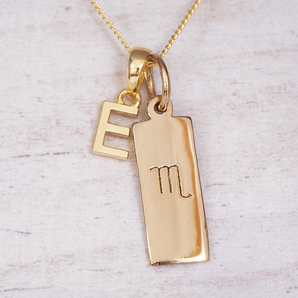 Gold necklace with a scorpio zodiac pendant and 'E' initial pendant on a light gray background