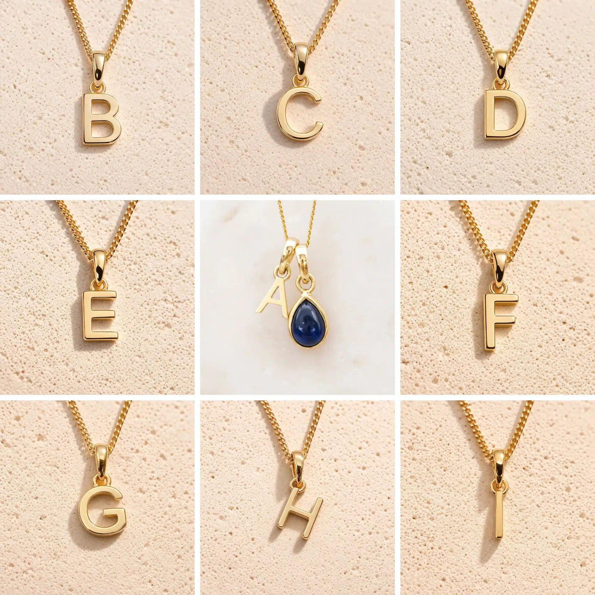 Grid of Gold Fine Chain Necklaces with uppercase letter pendants B, C, D, E, A, F, G, H, I on a beige background, as personalised gold initial options to add to a September Birthstone Sapphire Necklace.