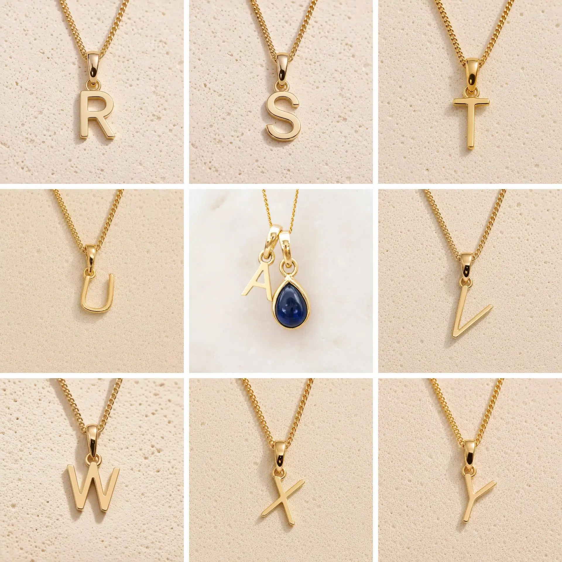 Grid of Gold Fine Chain Necklaces with uppercase letter pendants R, S, T, U, V, W, X, Y on a beige background, as personalised gold initial options to add to a September Birthstone Sapphire Necklace.