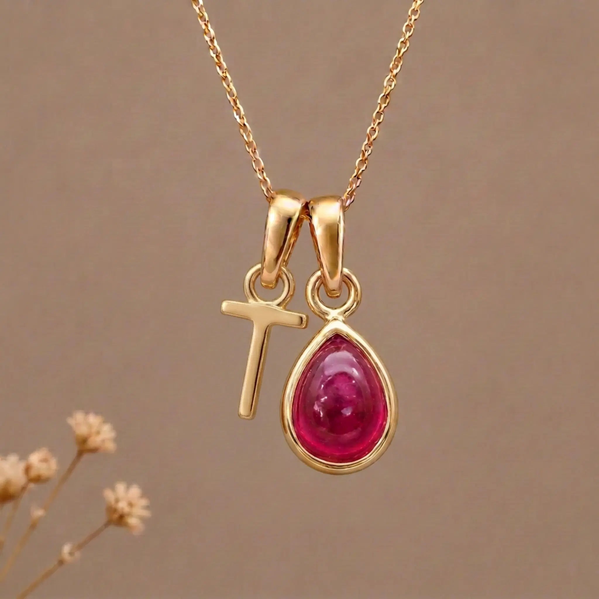 gold initial t and july birthstone ruby necklace