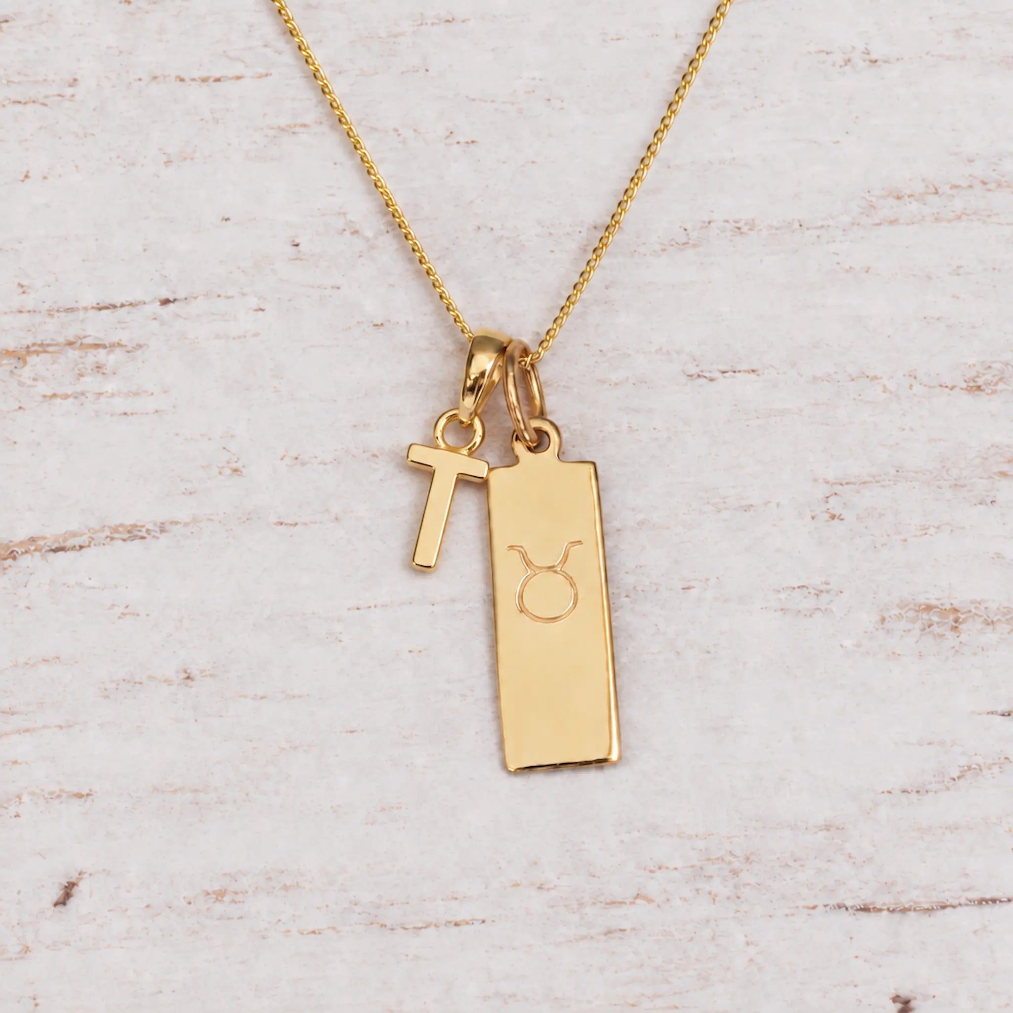 Gold Initial and Taurus Zodiac Necklace with letter T pendant