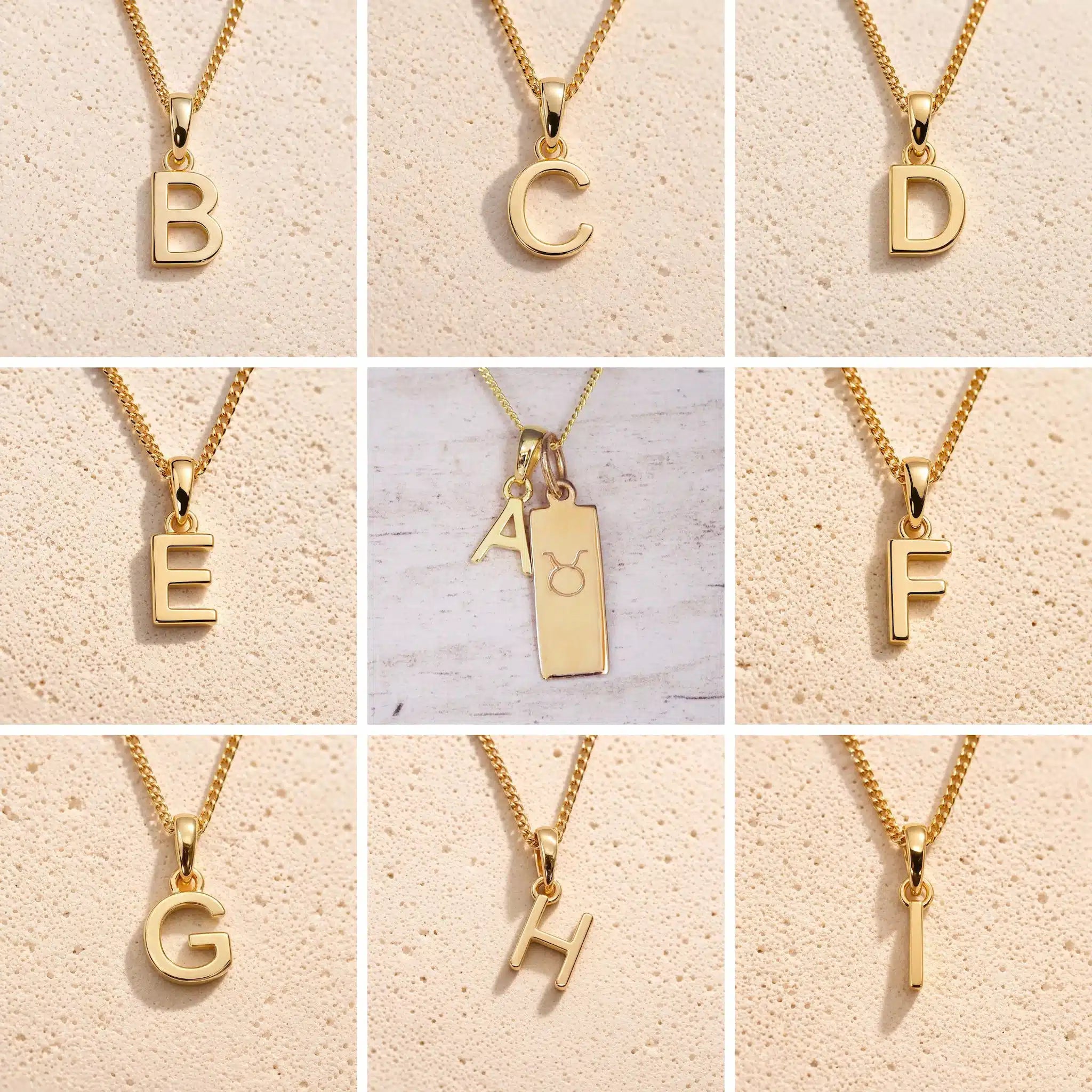 Collage of gold necklaces with gold letters B, C, D, E, F, G, H, I, A pendants as initial options for Taurus Zodiac Necklace.