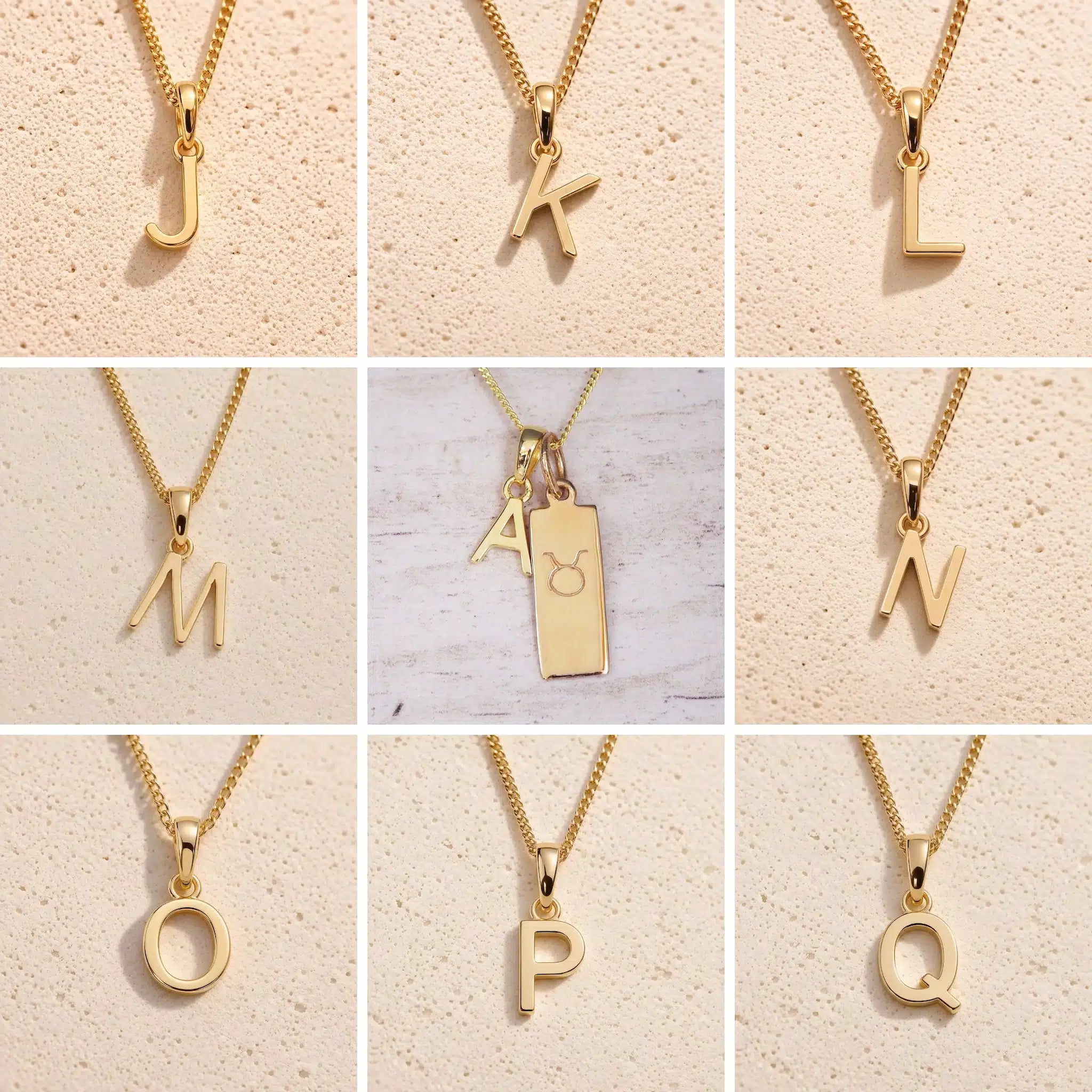 Collage of fine gold chain necklaces with uppercase gold letter J, K, L, M, N, O, P, Q, A pendants on a beige background as personalised gold initial pendant options for Taurus Zodiac Necklace.