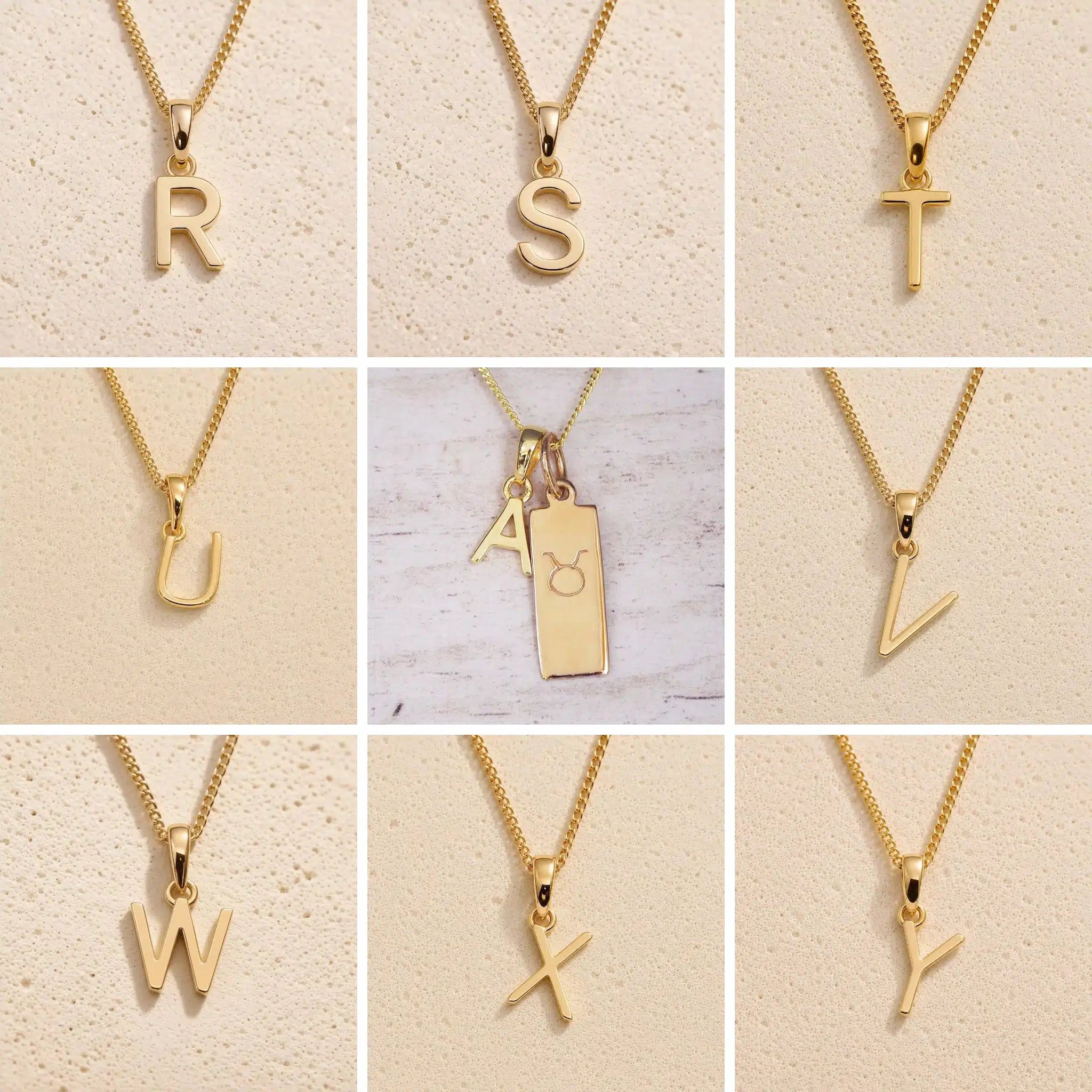 Collage of fine gold chain necklaces with uppercase gold letter R, S, T, U, V, W, Y, Z, A pendants on a beige background as personalised gold initial pendant options for Taurus Zodiac Necklace.