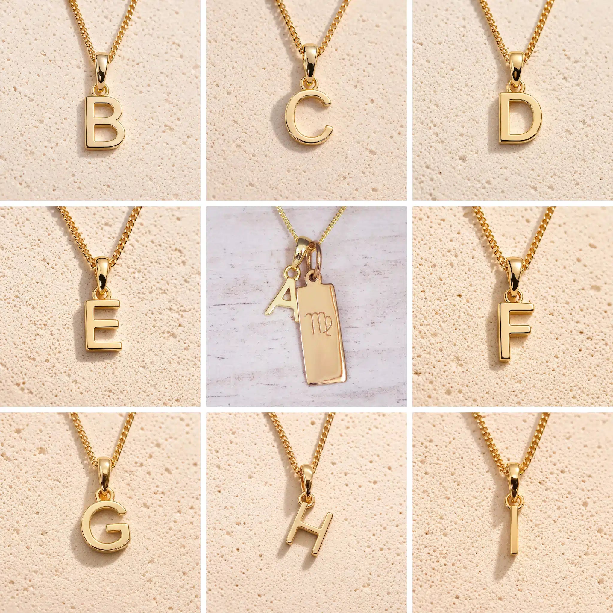 Gold necklaces with letter pendants on a beige background showing the gold initial options a, b, c, d, e, f, g, h, i for the personalised virgo zodiac necklace