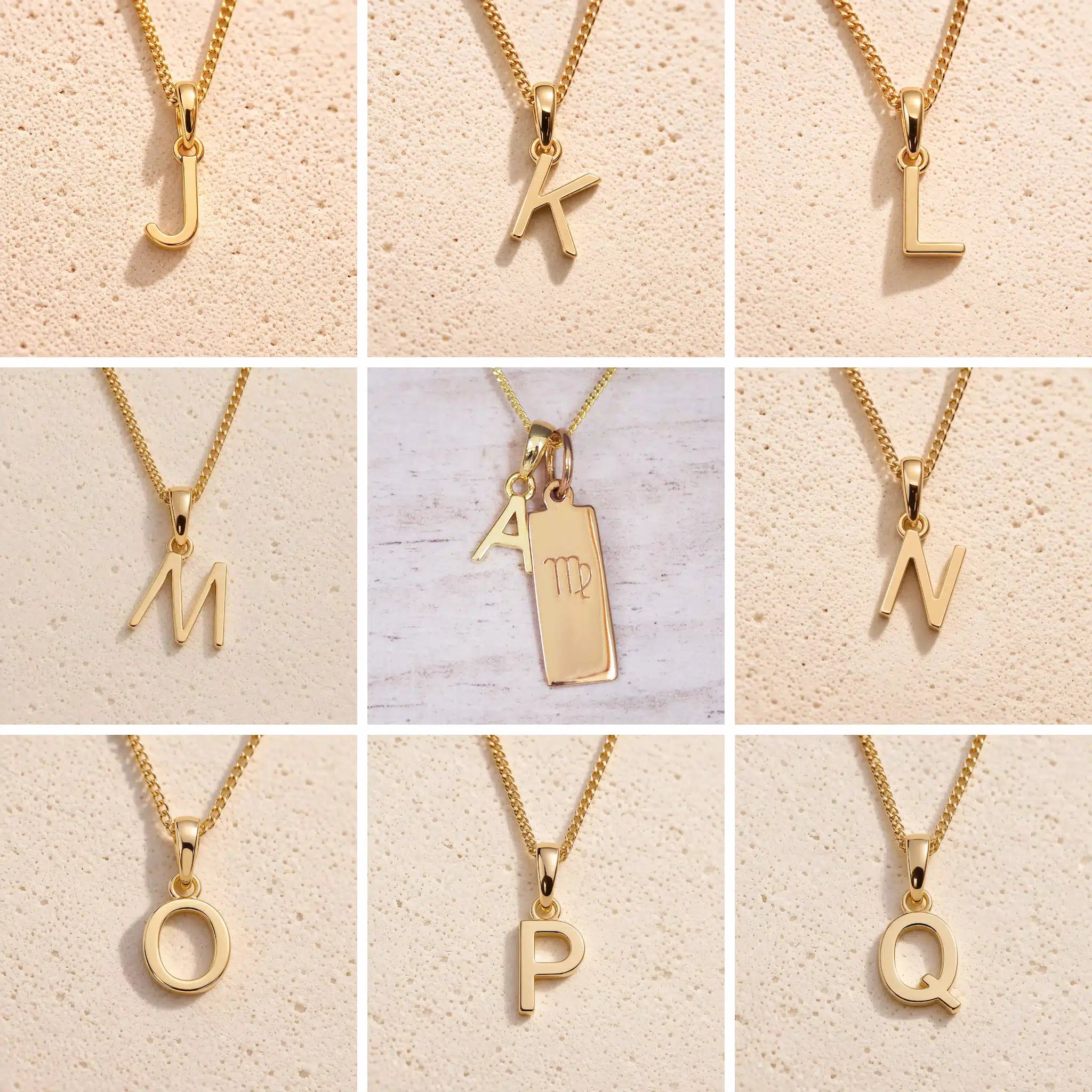 Gold necklaces with letter pendants on a beige background showing the gold initial options a, j, k, l, m, n, o, p, q for the personalised virgo zodiac necklace