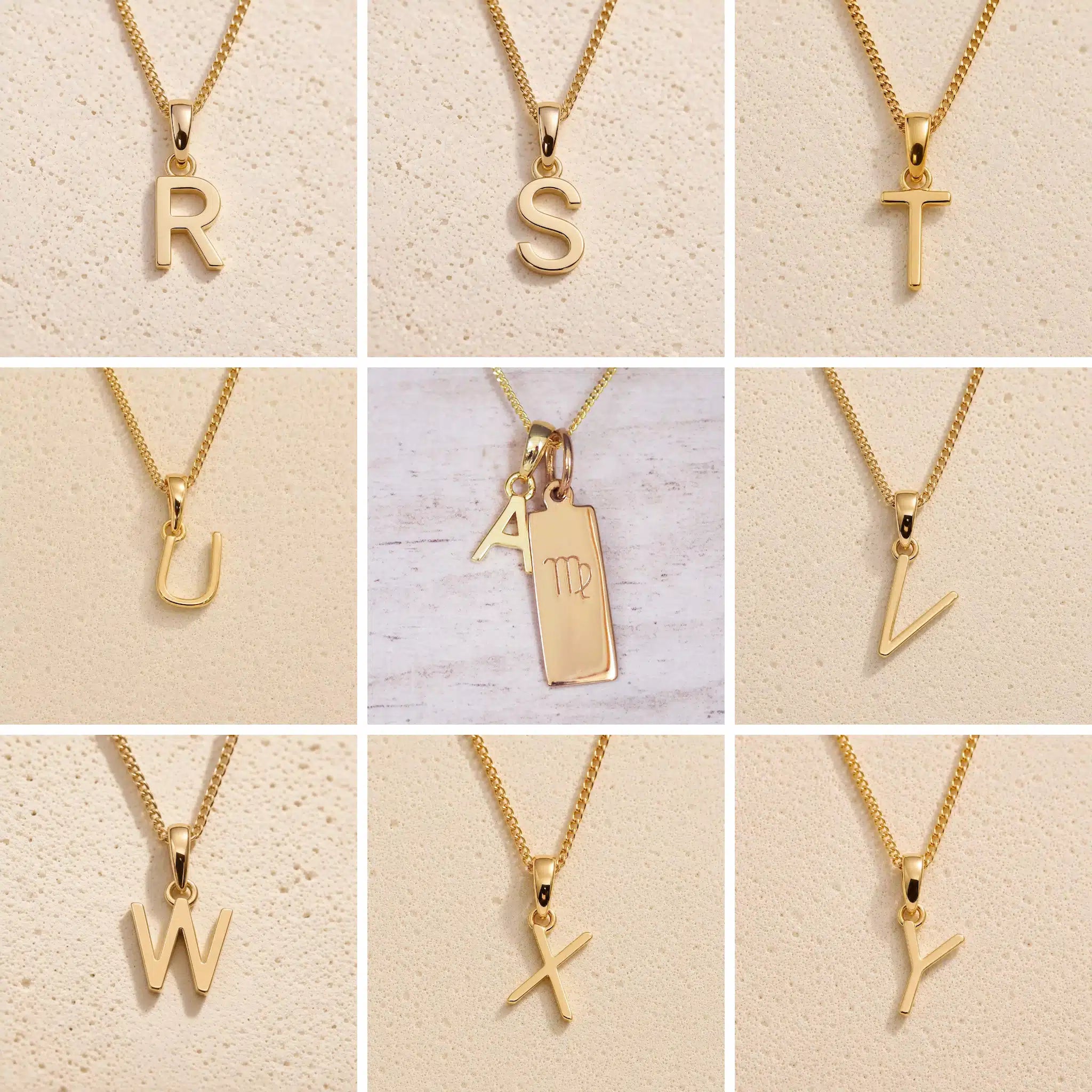 Gold necklaces with letter pendants on a beige background showing the gold initial options r, s, t, u, v, w, x, y, a for the personalised virgo zodiac necklace