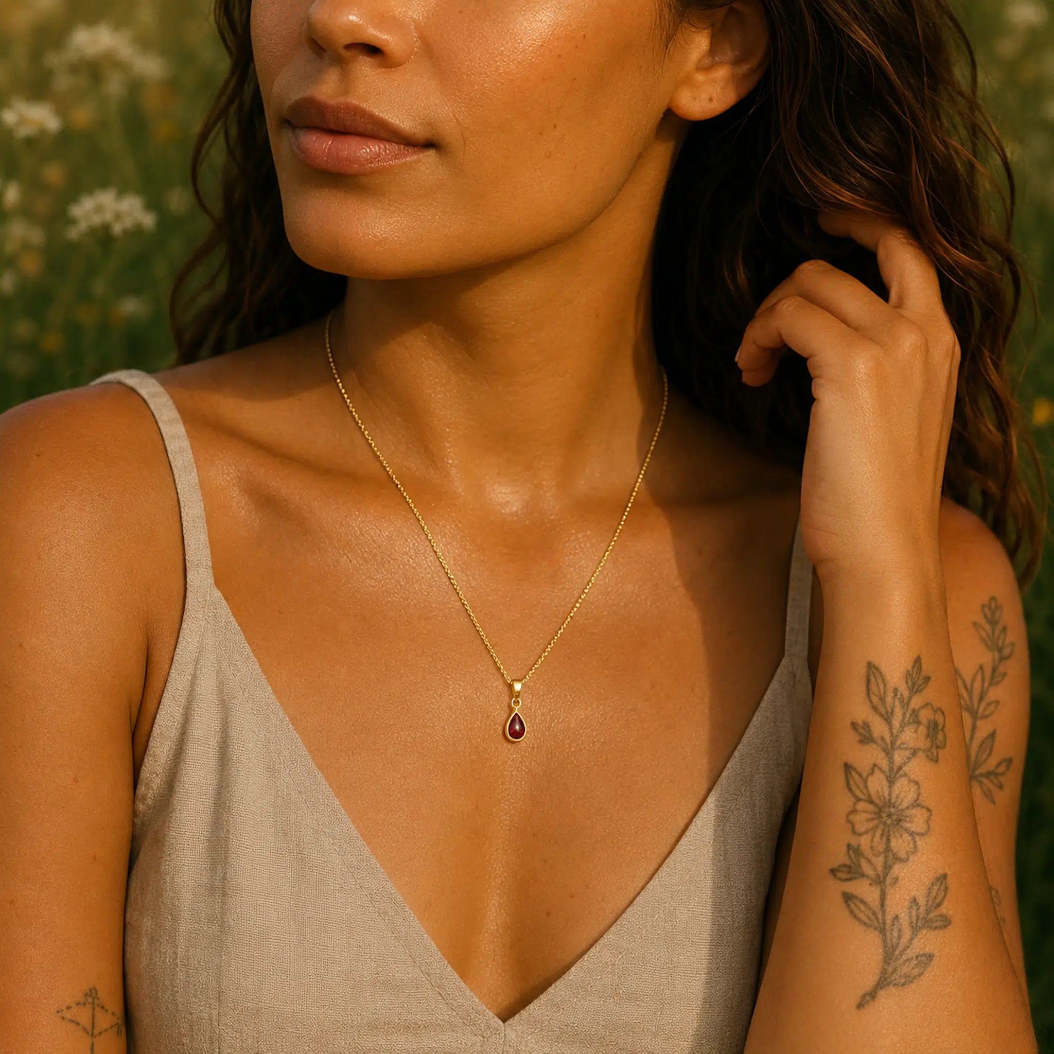 woman wearing a delicate gold january birthstone necklace with a natural garnet gemstone pendant against a blurred natural background