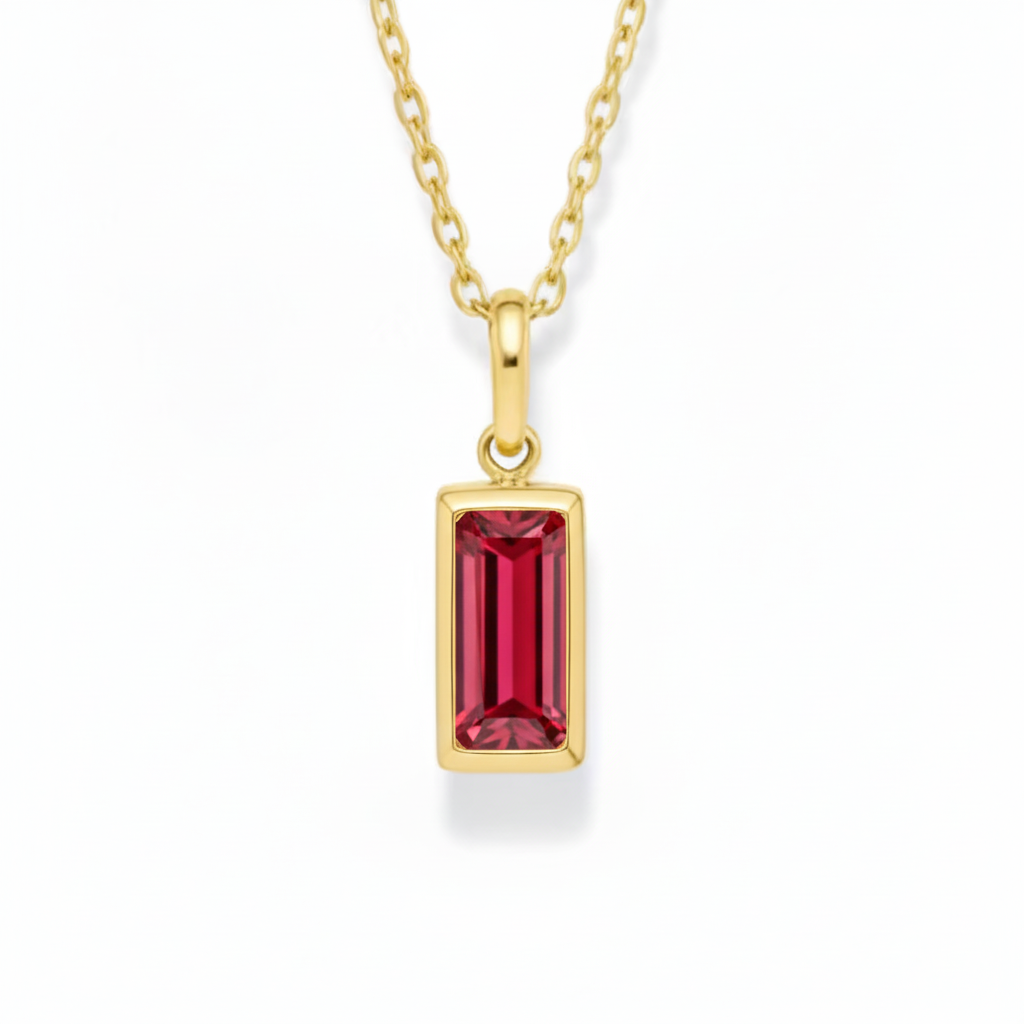 Gold necklace chain with rectangle red cz pendant 