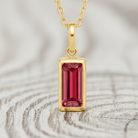 Gold necklace chain with rectangle red cz pendant 
