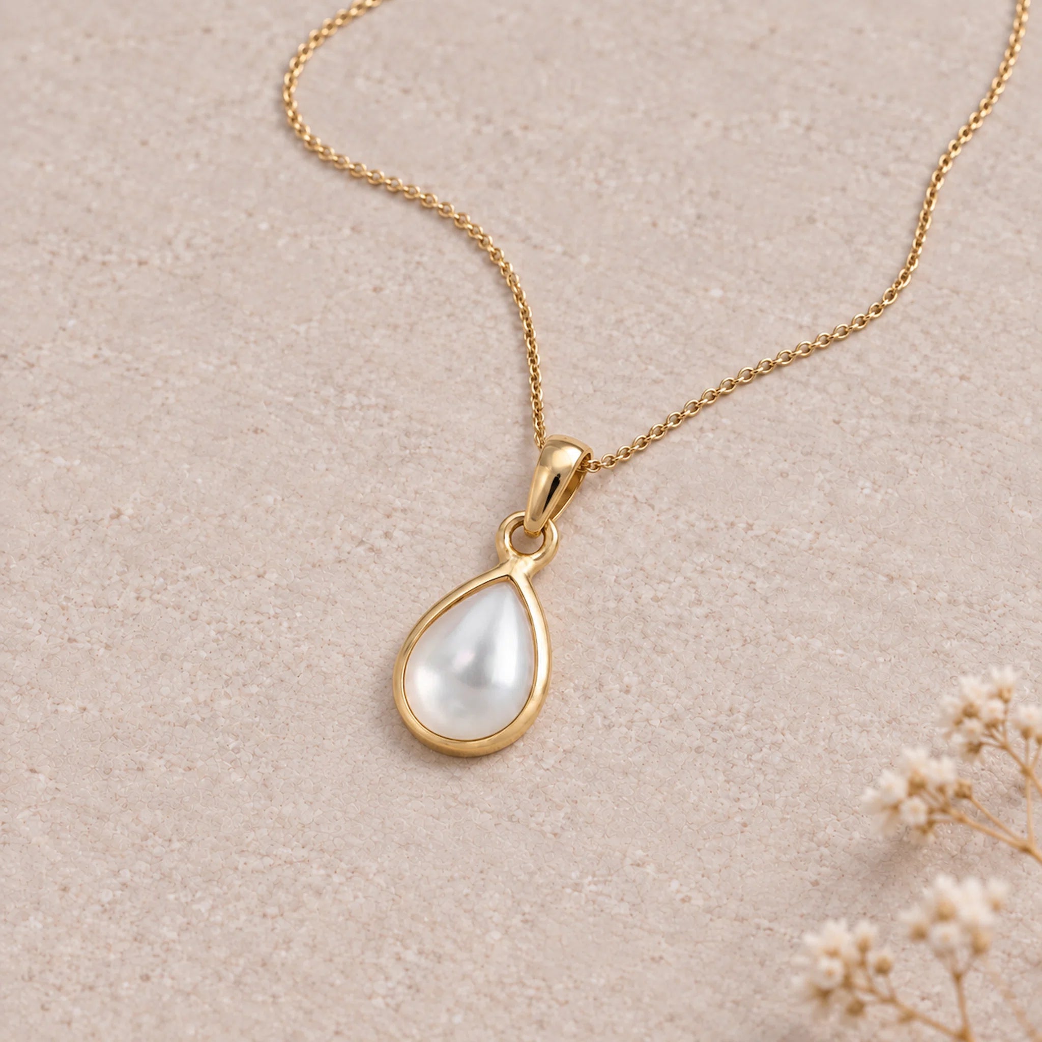 Gold June birthstone necklace with pear-shaped mother of pearl pendant - june birthday jewellery gift for her
