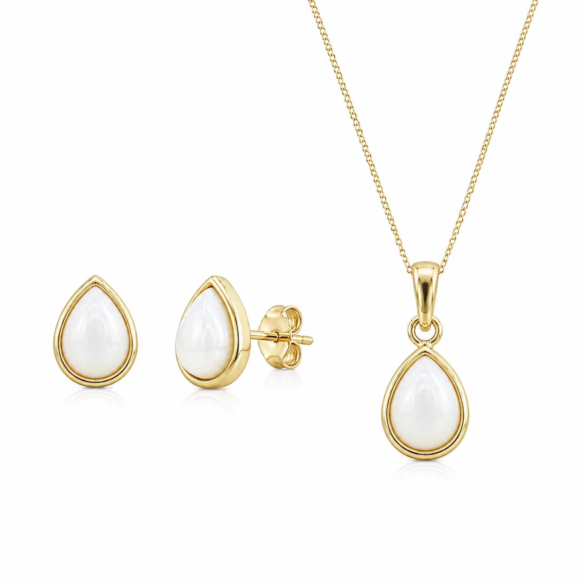 Gold June Birthstone Jewellery set featuring a teardrop pendant pearl necklace and matching stud pearl earrings with natural milky white teardrop pearls, on a white background