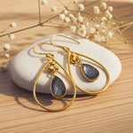 gold french hook earrings with tear drop shaped labradorite. labradorite jewellery by indie and harper australia