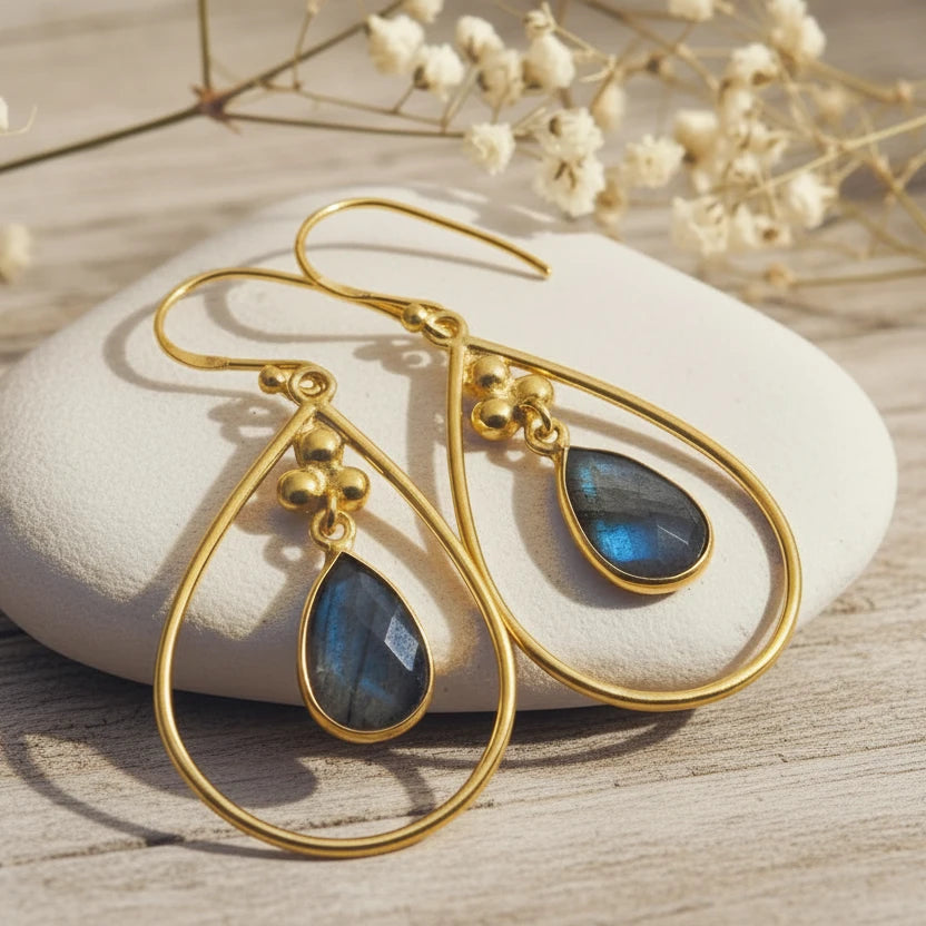 gold french hook earrings with tear drop shaped labradorite. labradorite jewellery by indie and harper australia