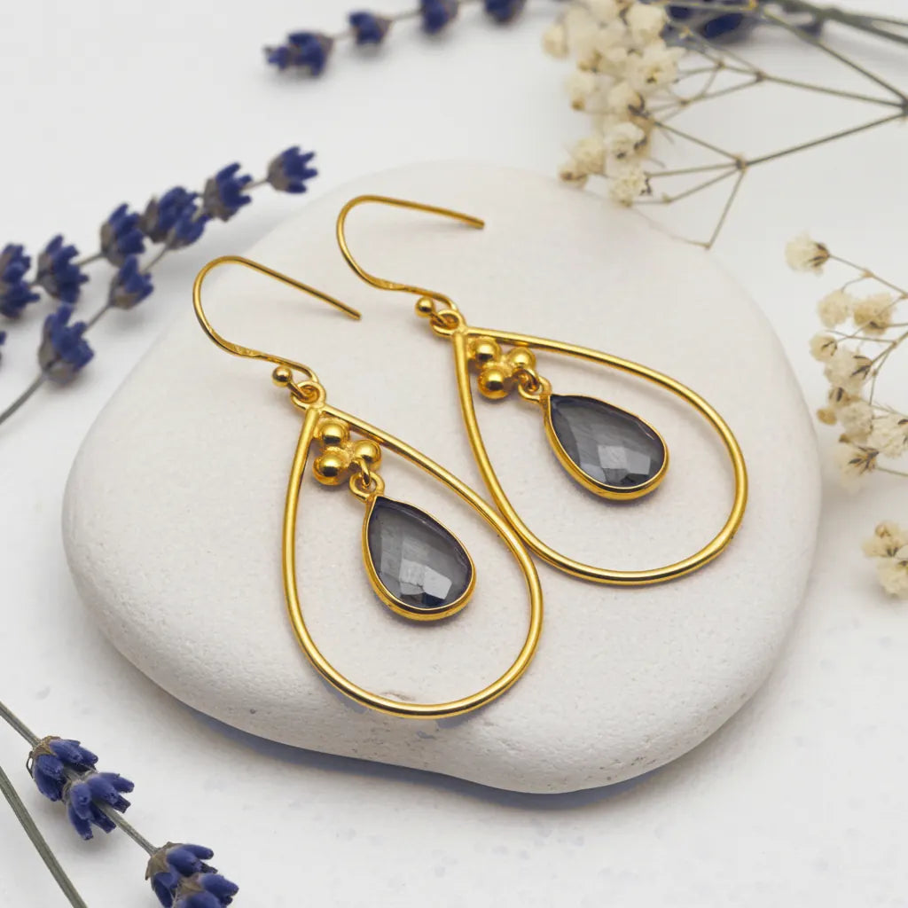 gold french hook tear drop earrings with labradorite gemstones by indie and harper jewellery australia