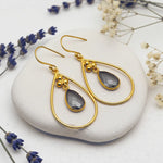 gold french hook tear drop earrings with labradorite gemstones by indie and harper jewellery australia