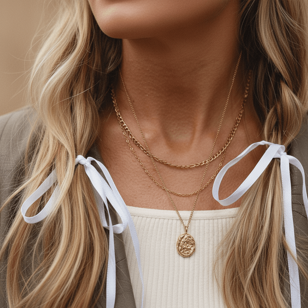 Close-up of a person wearing a gold necklace with a pendant, with long blonde hair and white ribbons.