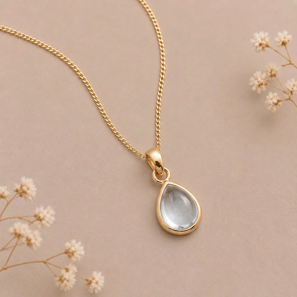 Gold March birthstone necklace with a teardrop aquamarine pendant