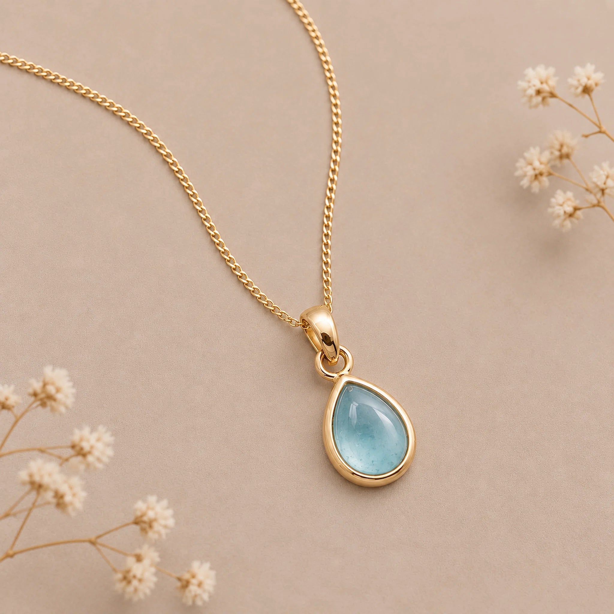 gold march birthstone necklace with teardrop cabochon bezel set natural aquamarine pendant