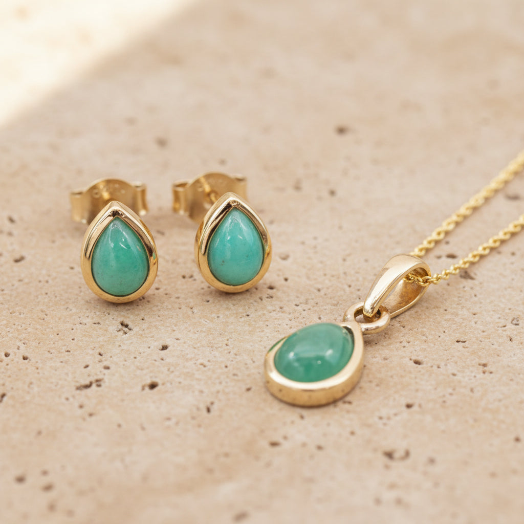 Gold May Birthstone emerald earrings and emerald necklace by indie and harper Australia 
