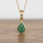 Gold may birthstone necklace with green pear-shaped natural emerald gemstone pendant - May birthday gift for her