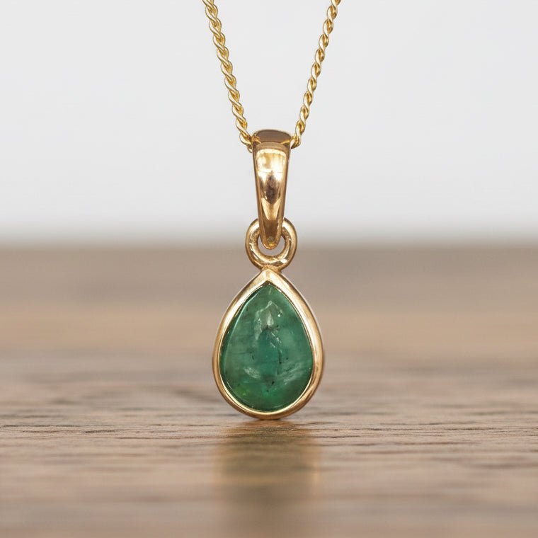 Gold may birthstone necklace with green pear-shaped natural emerald gemstone pendant - May birthday gift for her