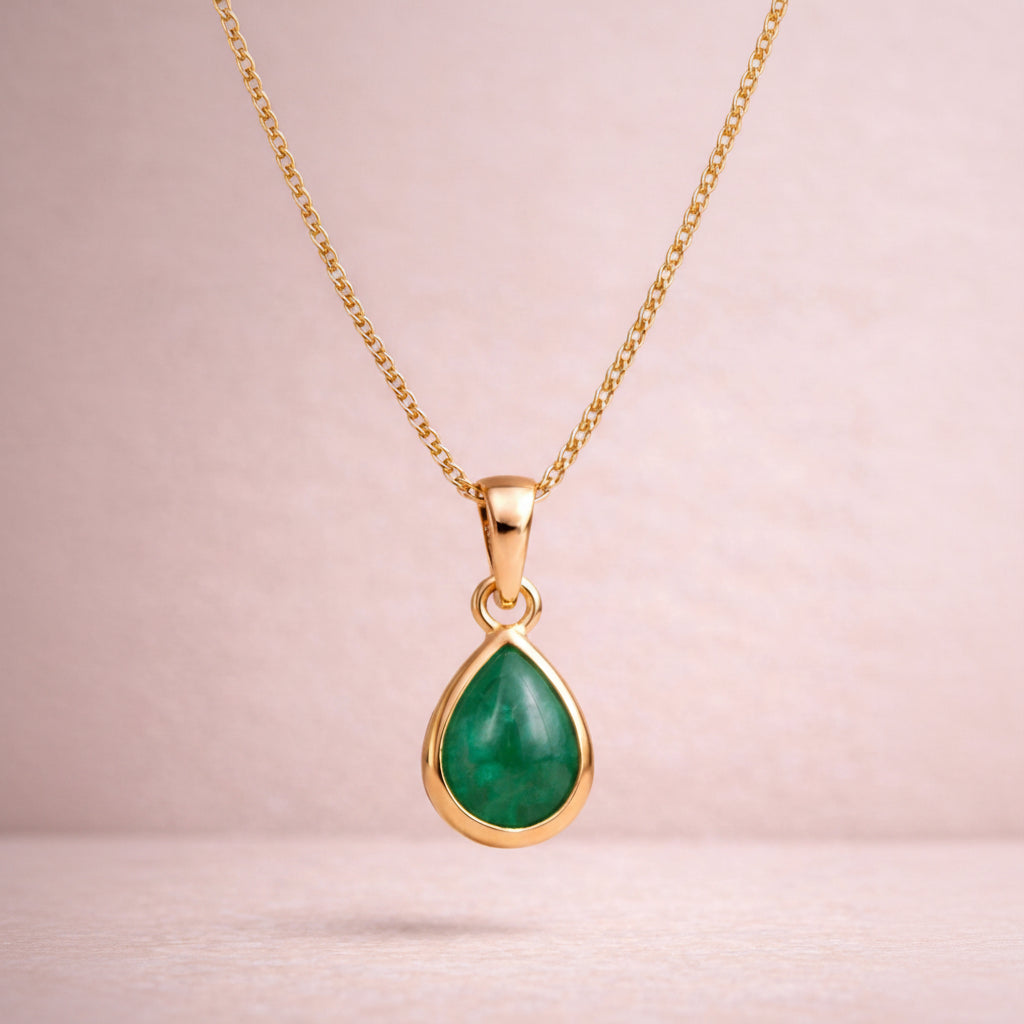 Gold may birthstone necklace with  pear-shaped natural emerald gemstone pendant - may birthday jewellery gift