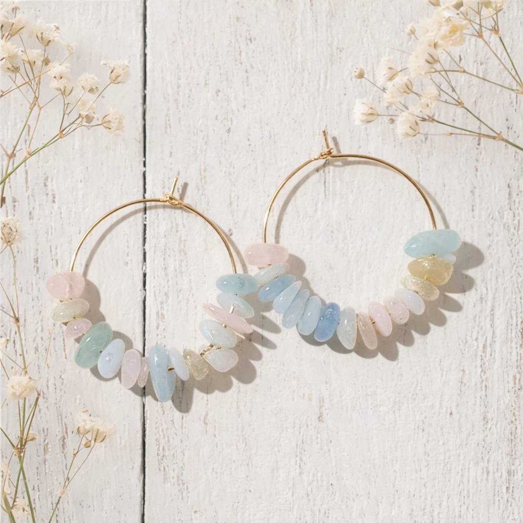 Gold hoop earrings with morganite stones 