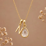 Gold initial N necklace with an April clear quartz teardrop on brown with dried flowers