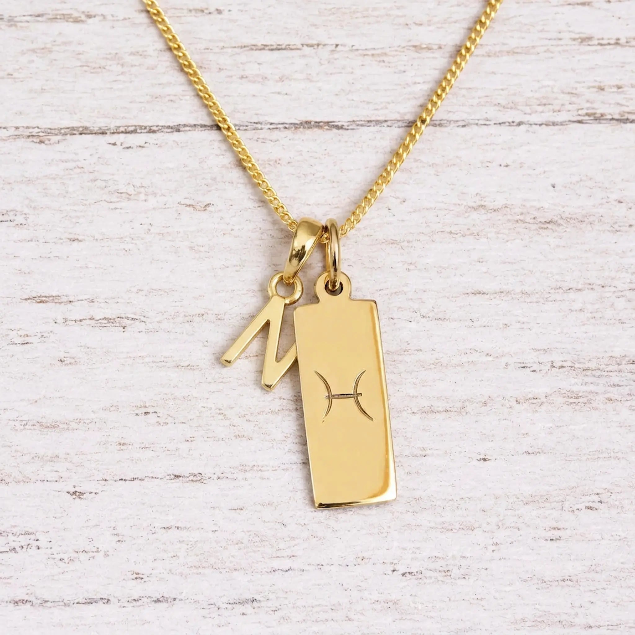 gold initial N pendant and pisces zodiac star sign pendant on a fine gold chain