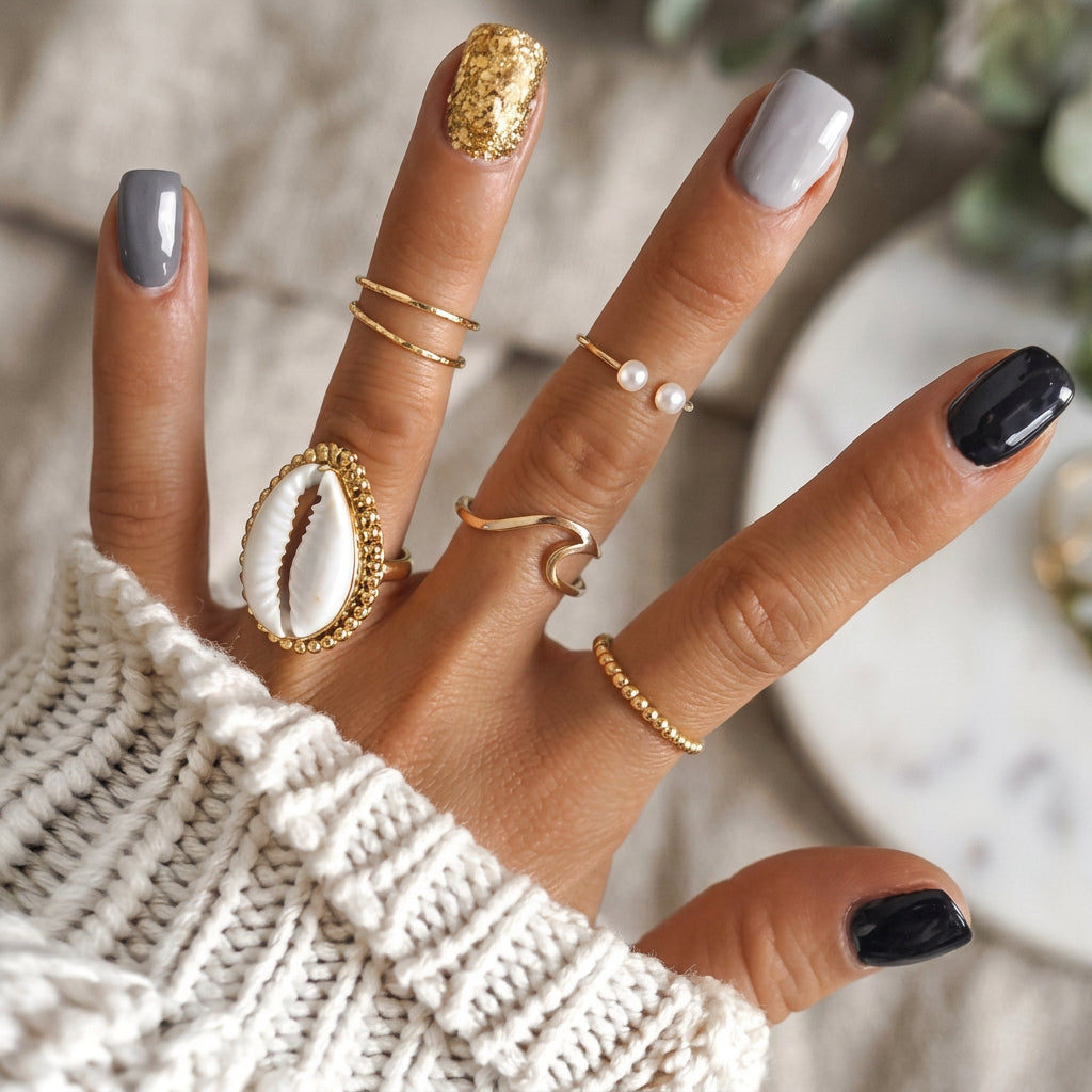 Hand wearing gold rings including the cowrie shell ring