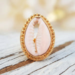 Gold cowrie sea shell ring on rustic wood