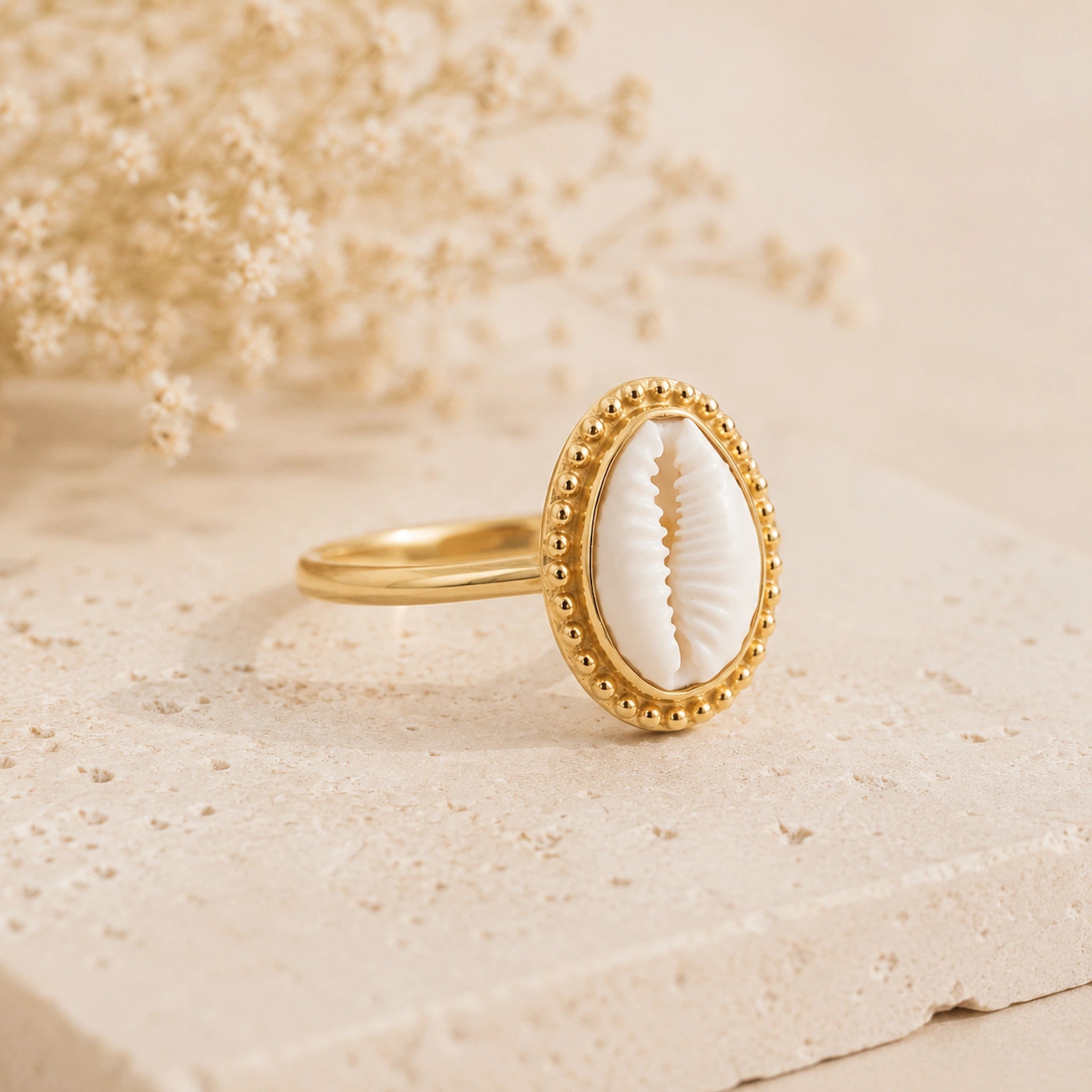 A gold ring featuring an oval white cowrie shell inlay, styled on a textured beige stone surface with dried flowers in the background.